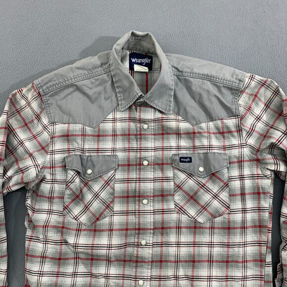 Wrangler Mens Western Shirt Large Gray‎ Pearl Snap Canvas Plaid - Picture 3 of 15